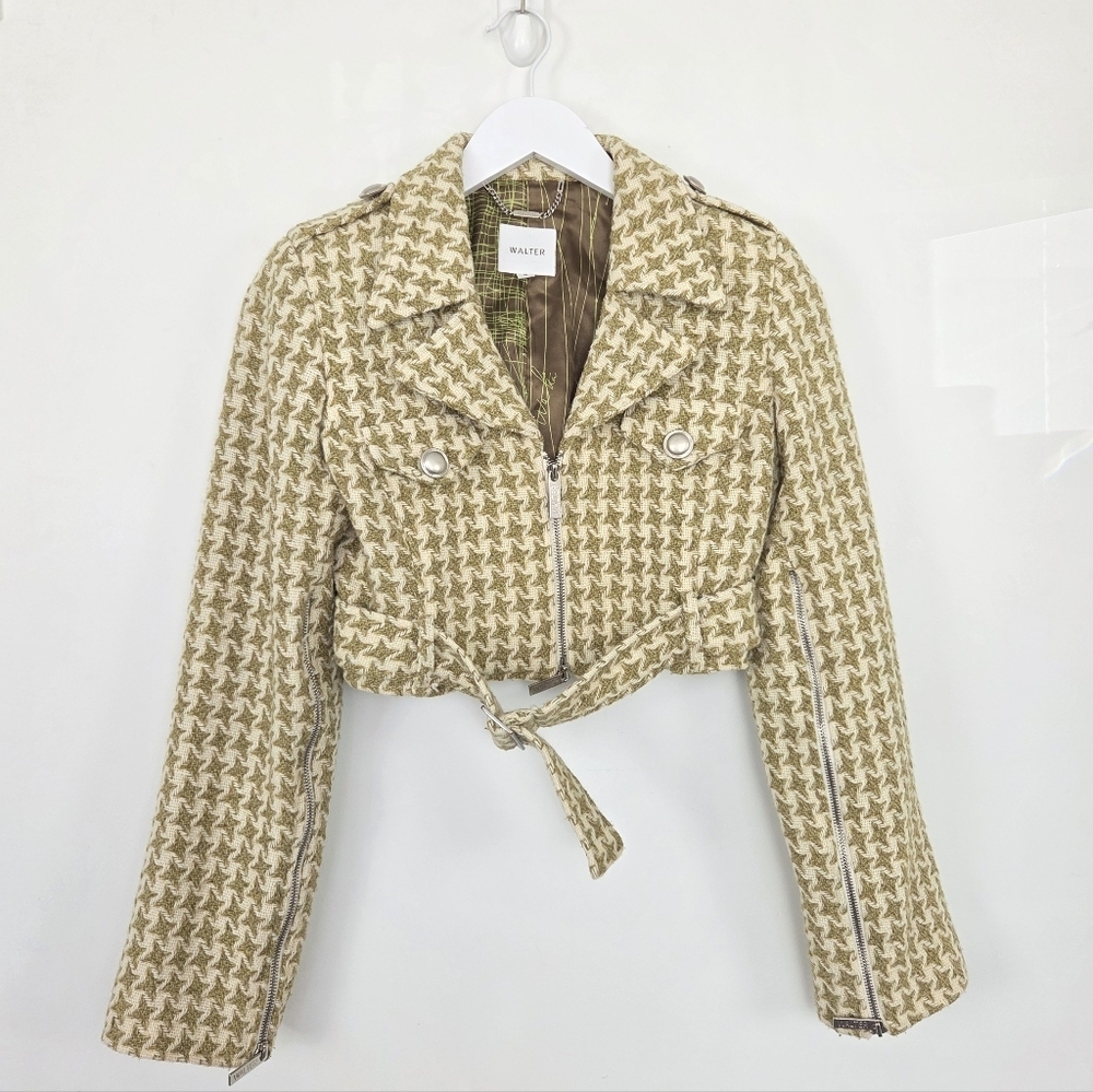 WALTER Green Cream Houndstooth Wool Blend Tweed Cropped Jacket Size 4